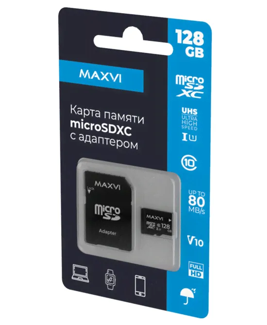 Карта памяти microSDXC Maxvi 128 ГБ + адаптер SD