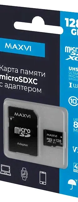Карта памяти Maxvi 128GB microSDXC Class10+SDадаптер (MSD128GBC10V30)-1