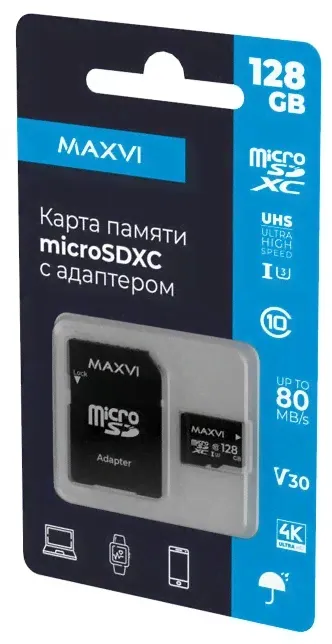 Карта памяти Maxvi 128GB microSDXC Class10+SDадаптер (MSD128GBC10V30)-2