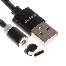 Кабель Maxvi MCm-01T, Type-C - USB, 2 А, 1 м, магнитный, нейлон, подсветка, черный