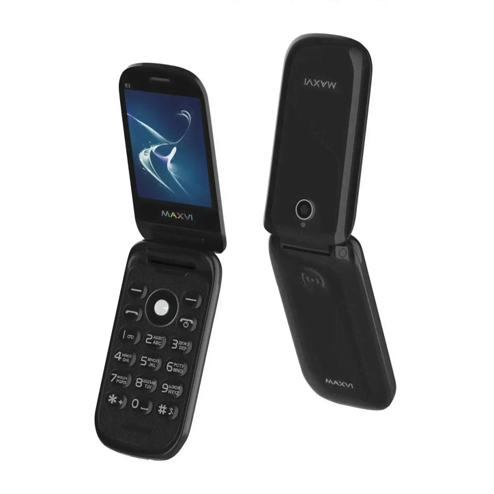 Мобильный телефон Maxvi E3 radiance Black, "раскладушка", бриллиантовый черный цвет, 2,4" (320x240), аккум 800 мАч, 0,3Mp, 2 Sim